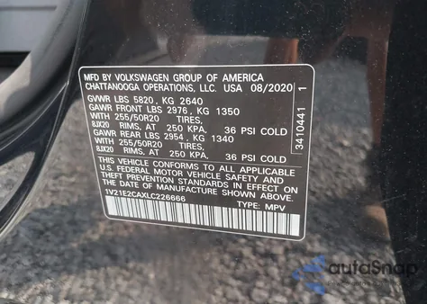 2020 Volkswagen Atlas Cross Sport 3.6L V6 Se W/Technology/3.6L V6 Se W/Technology R-Line z USA, uszkodzony, nr VIN 1V21E2CAXLC226666